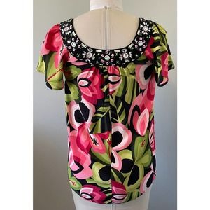 Nanette Lepore Beaded 100% Silk Size 2 Boho Chic Flutter Sleeve Shirt Blouse